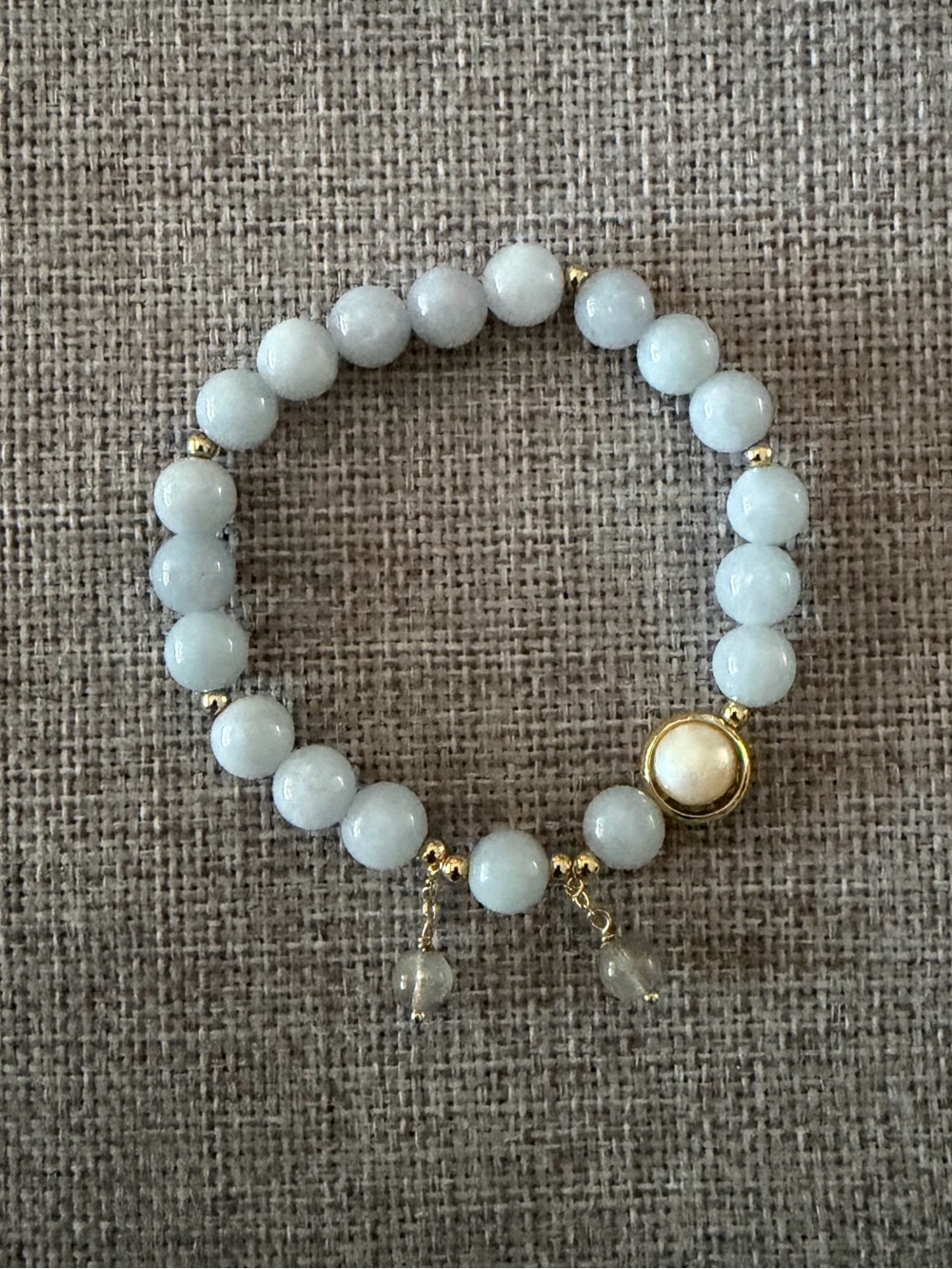 Aquamarine Beaded Stretch Bracelet Gold Tone Accent Dangle Charm Boho Coastal